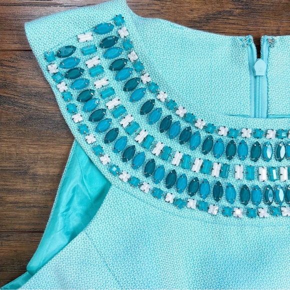 Shoshanna • Jewel Neck Sheath Dress mini cocktail aqua turquoise embellished - Picture 5 of 10